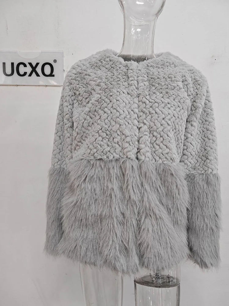 Women Fur Patchwork Imitation Furs Coats Loose Elegant O-neck Solid Cardigan Weave Design Blends Jacket Autumn Gray