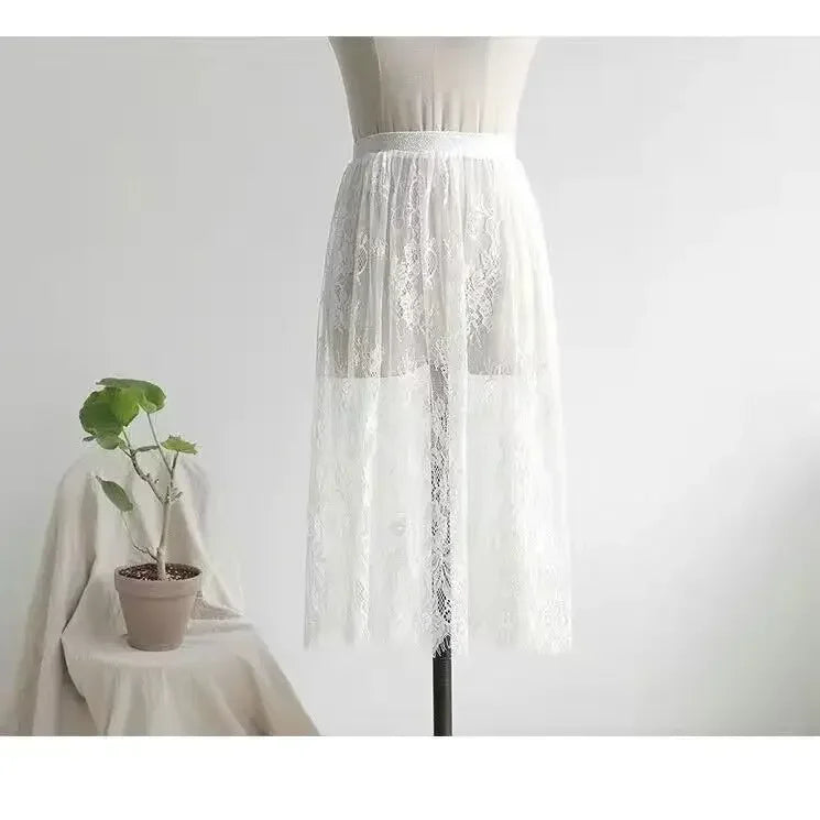 2 Length Elegant Black Skirt White Lace Transparent Long Tulle Skirt Ladies Elastic High Waist Beach Midi Skirt Drop shipping White 60cm