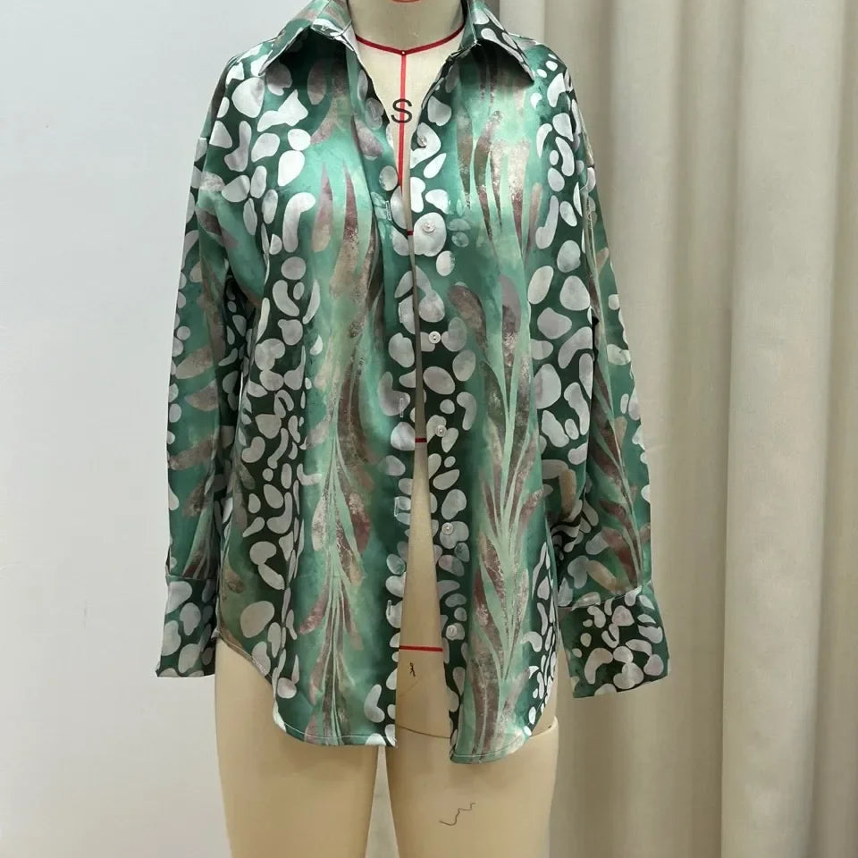 Elegant Printed Shirts Skirts For Women Fashion Lapel Sleeves High Waist 2-piece Suits Summer Lady High Streetwears green shirt