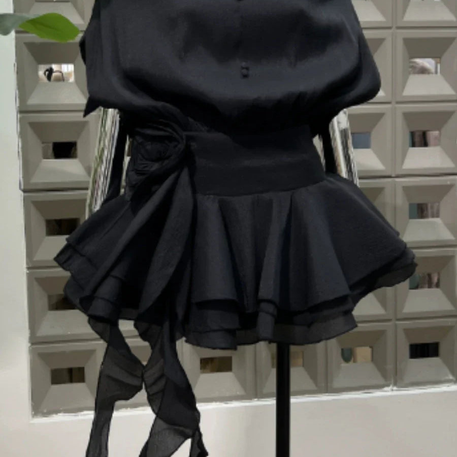 Solid Loose Spliced Ruffles Mini Dresses for Women Slash Neck Sleeveless Patchwork 3D Flower Dress Female Clothing BLACK