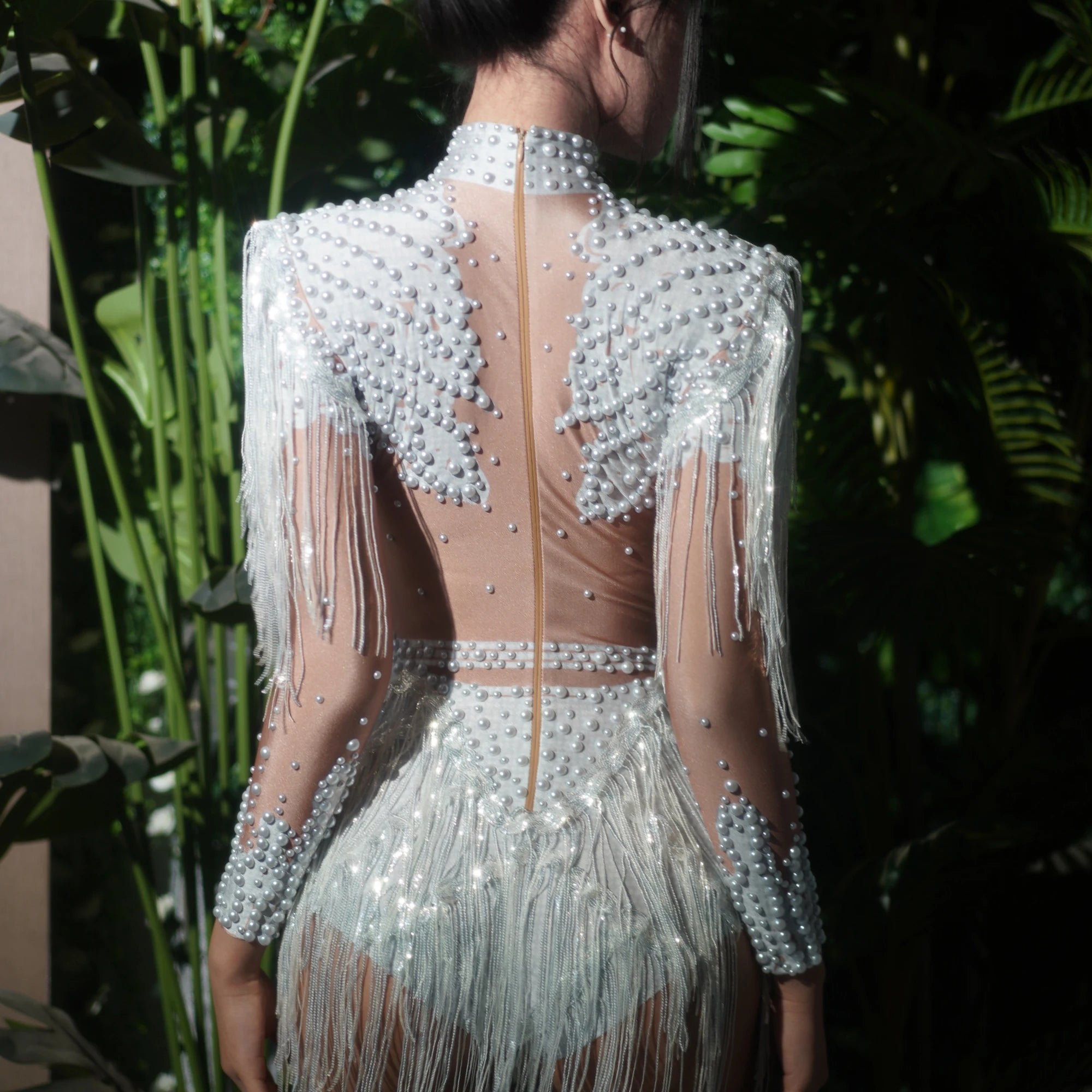 STOCK Red Women Long Sleeve Sexy Shinning Tassels Rhinestones Bodycon Bodysuit High Stretch Bar Dancer Nightclub Stage Wear