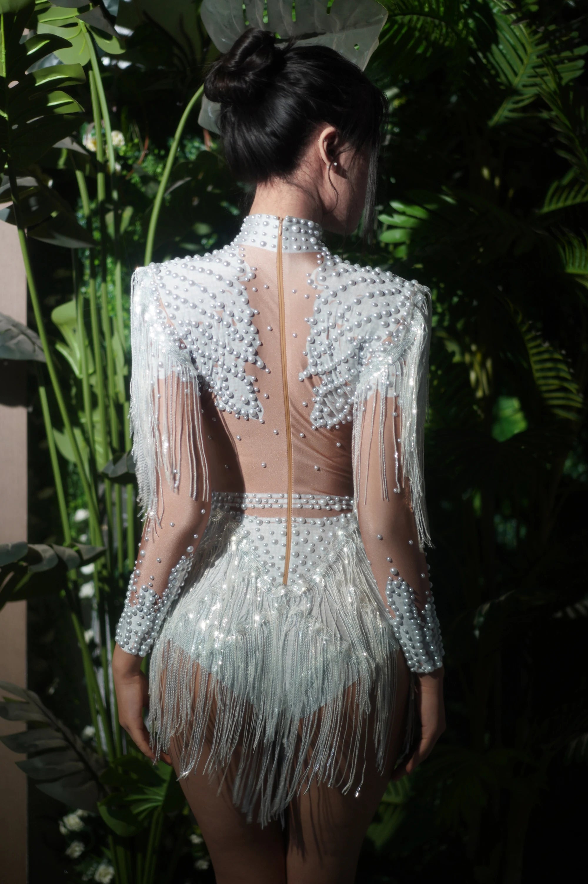 STOCK Red Women Long Sleeve Sexy Shinning Tassels Rhinestones Bodycon Bodysuit High Stretch Bar Dancer Nightclub Stage Wear