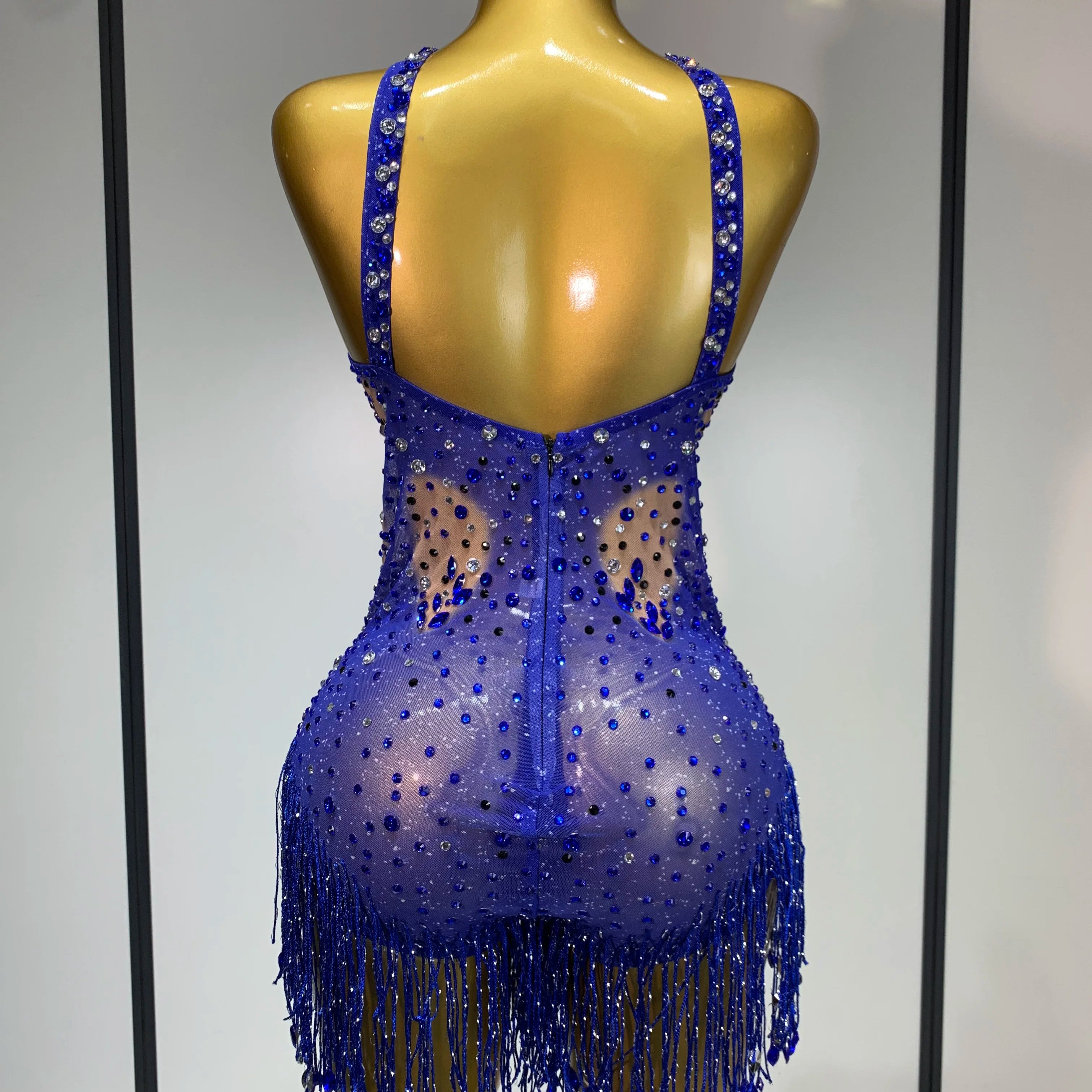 Women Sexy Backless blue Rhinestone Tassel Bodysuit Evening Party Club Singer Stage Performance Costume Luxury Birthday Dress