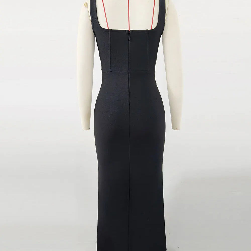 2025 Elegant Women Light Luxury Nail Bead Bandage Dress Camisole Square Neck Sleeveless Bodycon Long Dress Evening Party Vestido