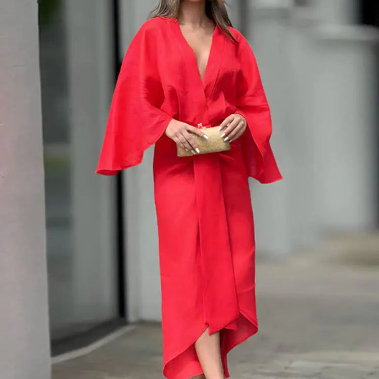 Women Chic Solid Long Flare Sleeves Pleated Midi Dress Casual Loose V-neck Irregular Hem Vestidos Spring Lady Elegant Robes Red