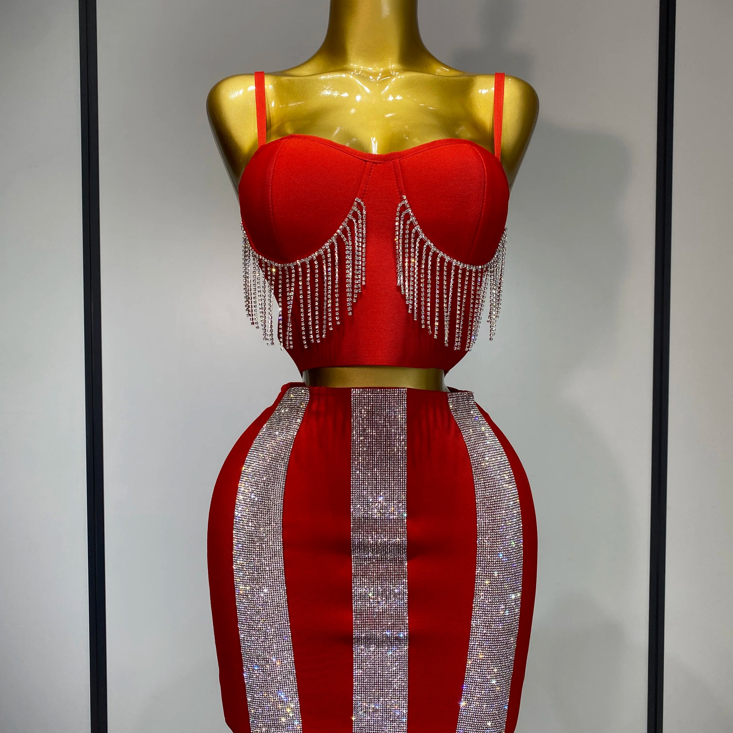 Women Sexy Sling Backless Tassels Bandage Skirt Two Piece Set 2025 Knitted Celebrity Elegant Evening Luxury Birthday Dresses Red