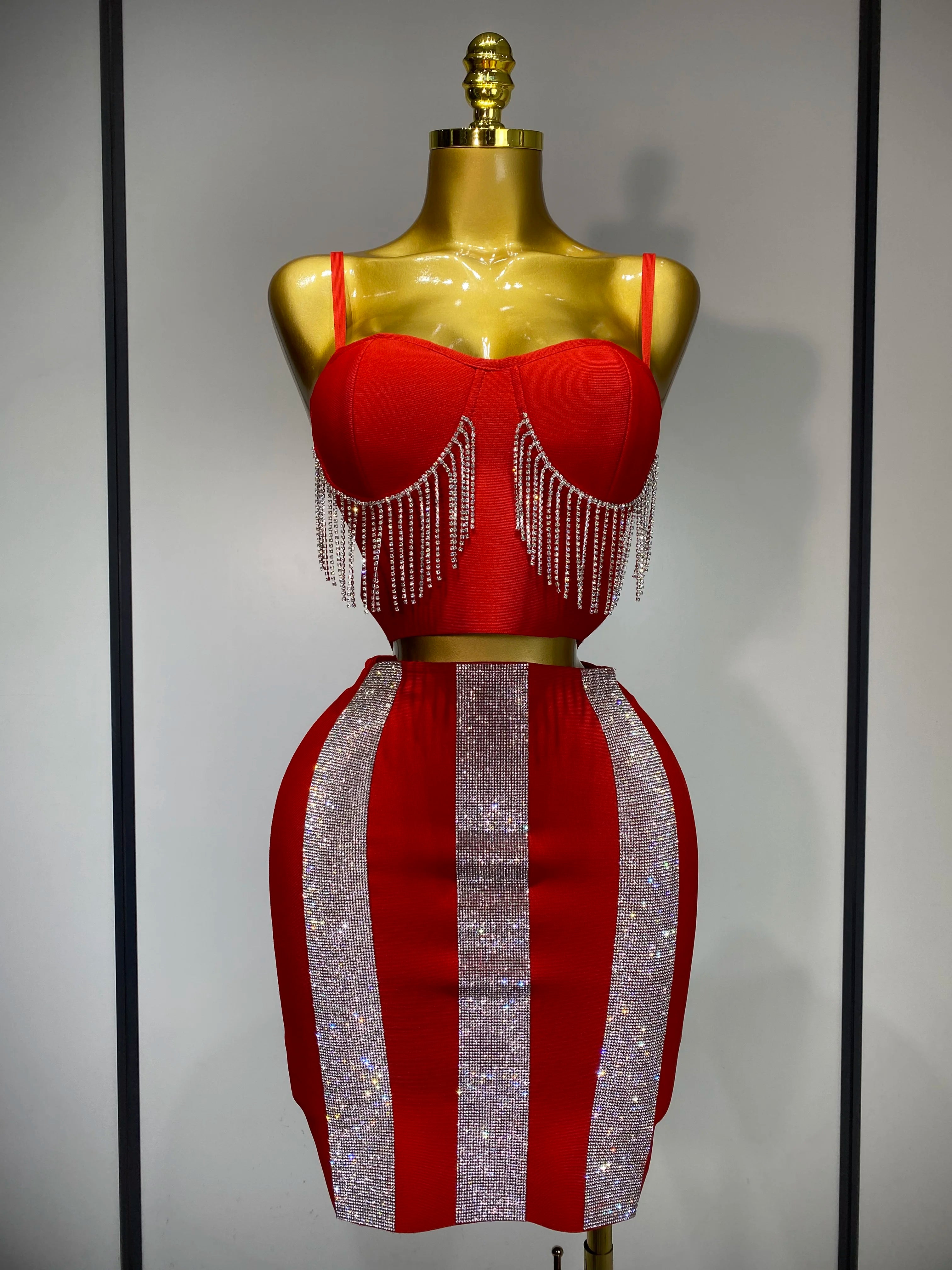 Women Sexy Sling Backless Tassels Bandage Skirt Two Piece Set 2025 Knitted Celebrity Elegant Evening Luxury Birthday Dresses Red