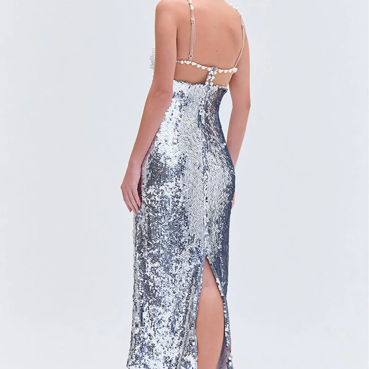 Fashionable Haute Couture Woman Evening Dress Pearl Sliver Sequins Spaghetti Strap Long Dress Celebrity Birthday Party Outfit