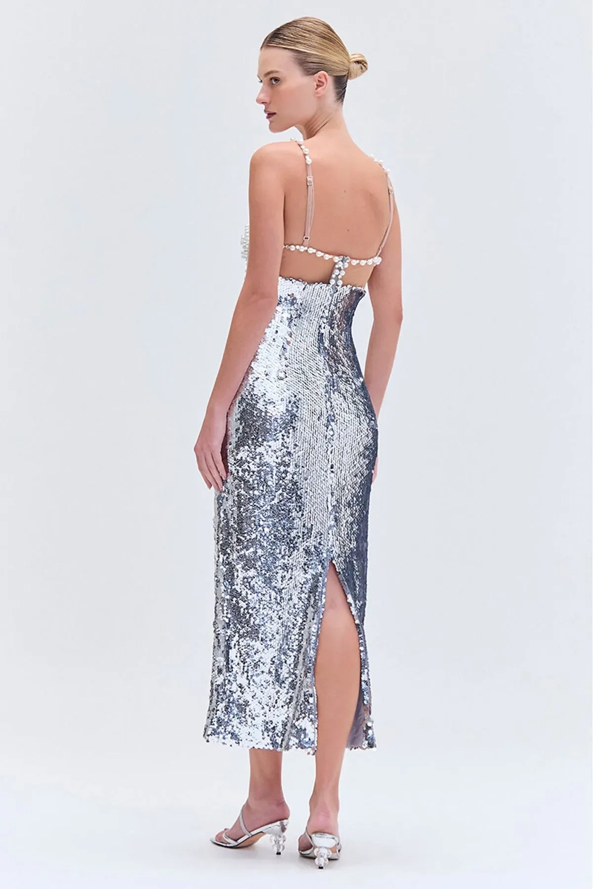 Fashionable Haute Couture Woman Evening Dress Pearl Sliver Sequins Spaghetti Strap Long Dress Celebrity Birthday Party Outfit