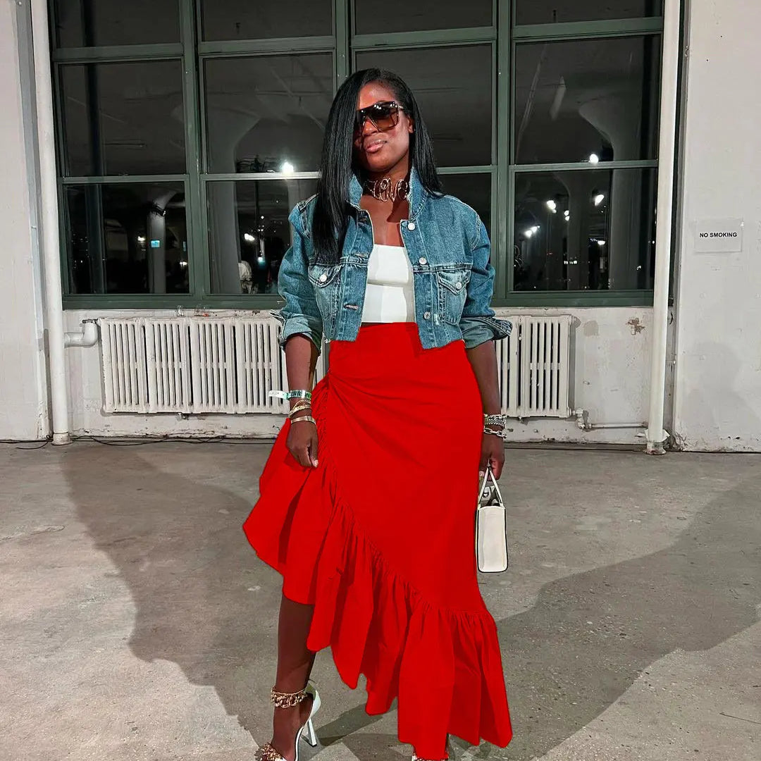 Women Ruffles Hem Asymmetrical High Waist Maxi Long Skirt 2022 Autumn Winter Streetwear INS Fashion Skirts