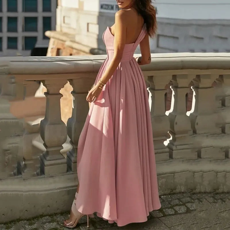 Wefads Women Maxi Dress Fashion Solid Irregular One Shoulder Sleeveless Slim Nipped Waist Evening Party Dresses Streetwear