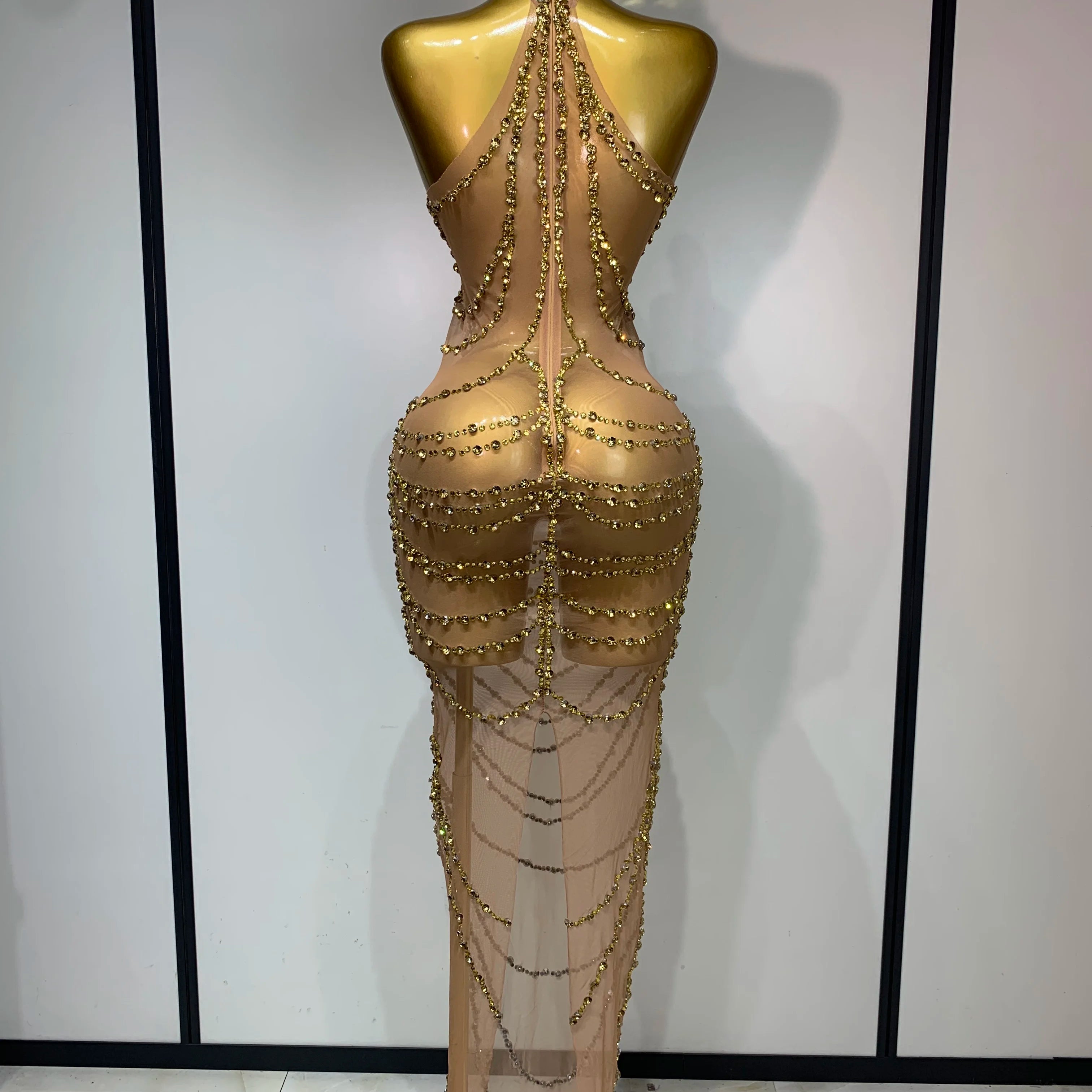 Sparkly Rhinestone Sexy Transparent Mesh Long Dress 2025 Women Luxury Birthday Club Party Gown Stage Singer Performance Costume