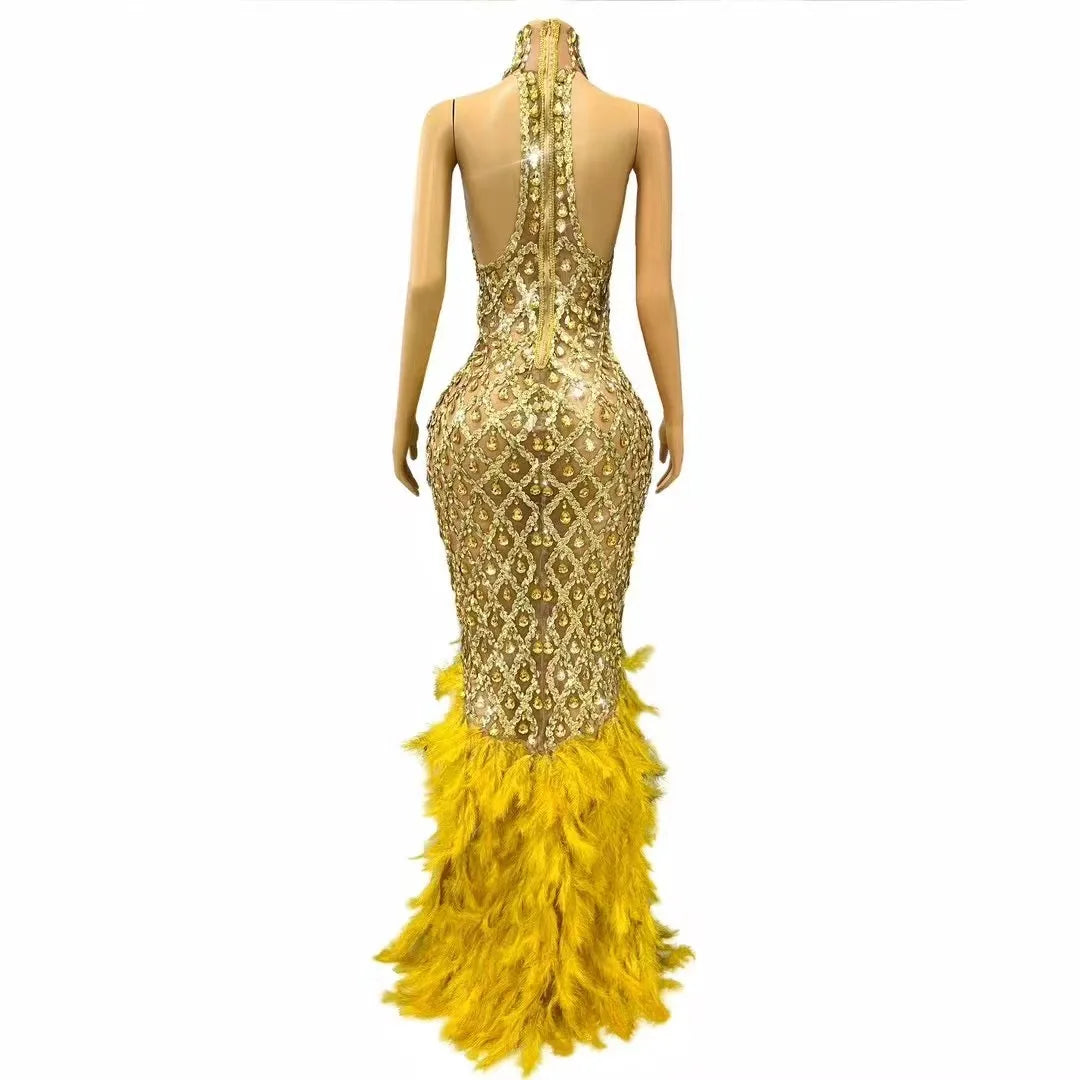 Luxury Shining Gold Rhinestones Feather Sexy Mesh Long Dress Women Birthday Evening Red Carpet Fashion Show Gown Stage Costume