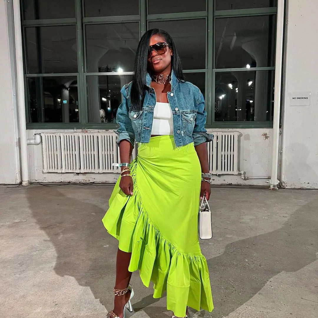 Women Ruffles Hem Asymmetrical High Waist Maxi Long Skirt 2022 Autumn Winter Streetwear INS Fashion Skirts