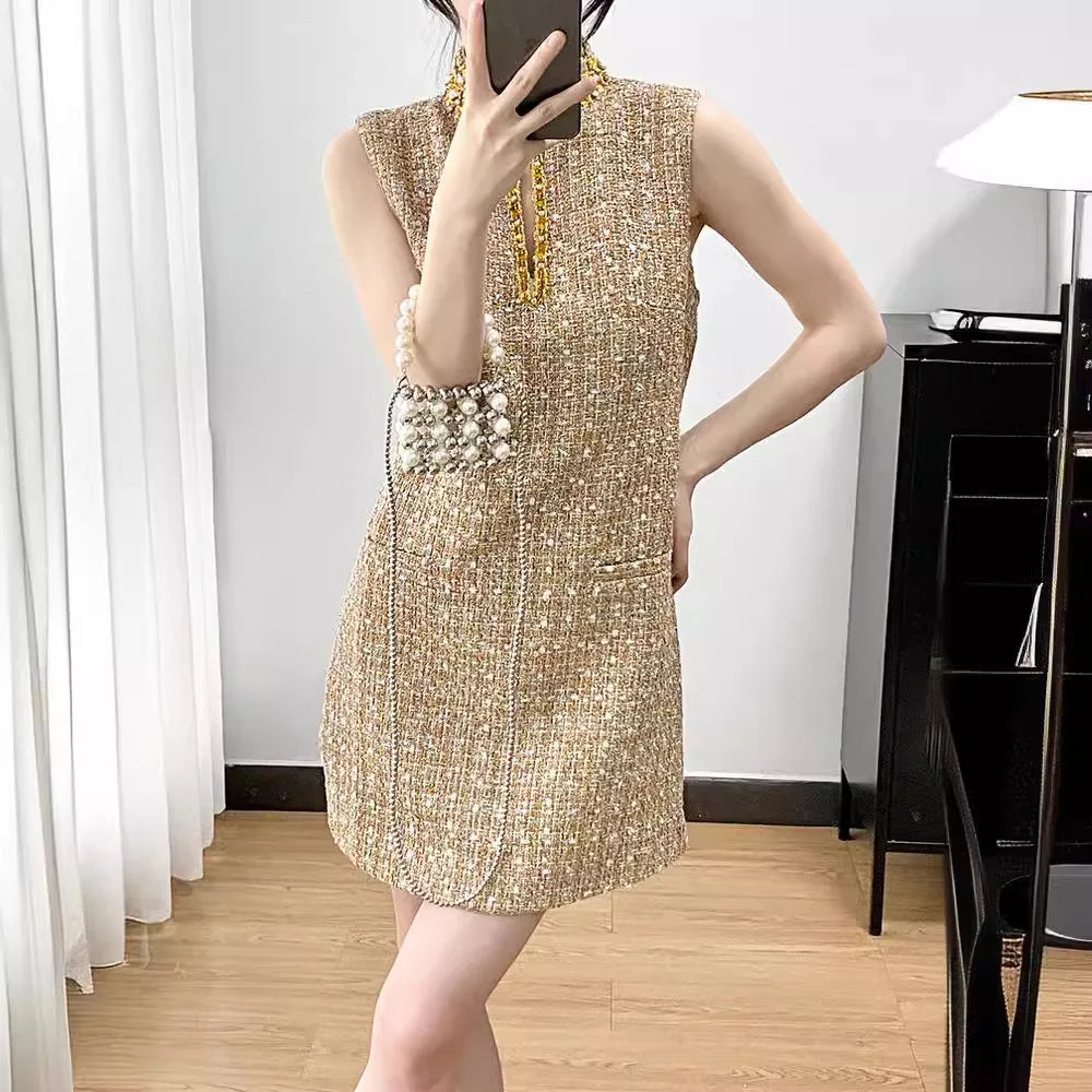 Spring Summer Tweed Mini Dress Women Heavy Industry Beading Luxury Stand Collar Diamonds Hollow Out Short Vestidos F286