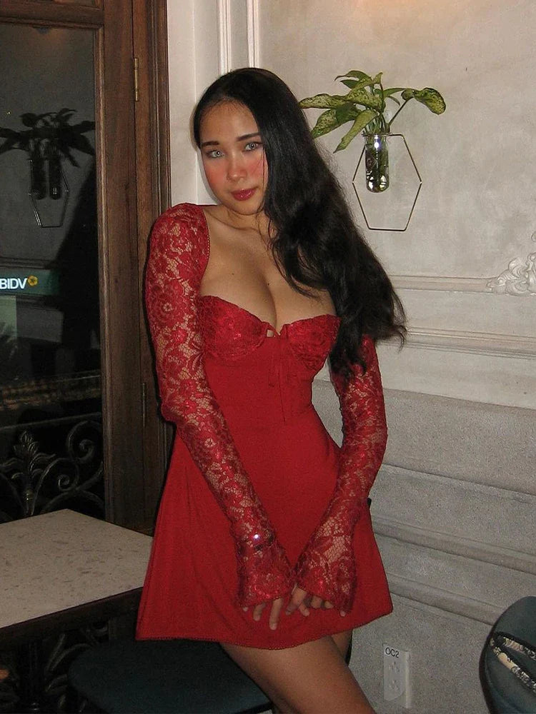 JULISSA MO Fashion Lace Patchwork Long Sleeve Bangage Backless Mini Dress For Women Spring Sexy Slim Fit Party Clubwear New Red