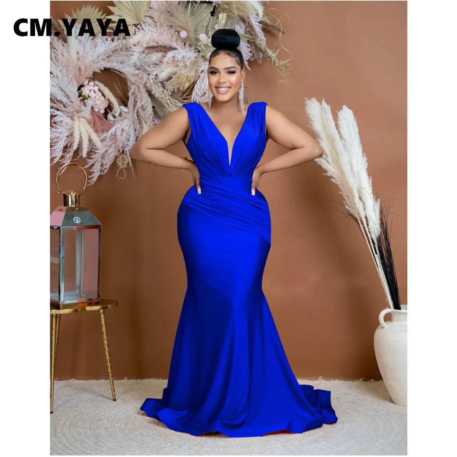 Women Draped Waist Shoulder Sleeveless Deep V-neck Maxi Long Trumpet Mermaid Dress 2023 Club Sexy Party Evening Dresses