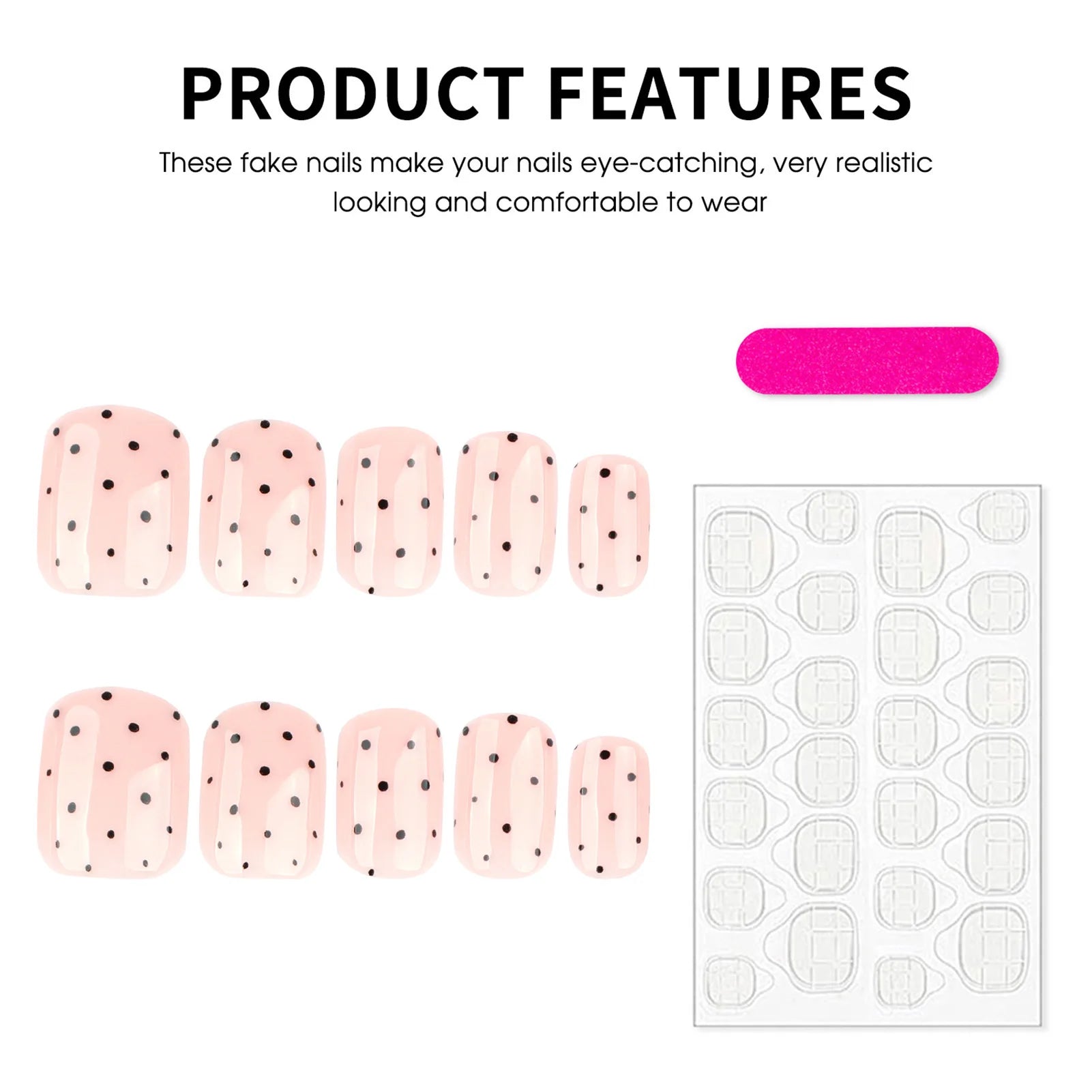 24Pcs Nude Color False Nails Black Polka Dot Printed Short Square Press On Nails Women Girls Charm Manicure Simple Fake Nails