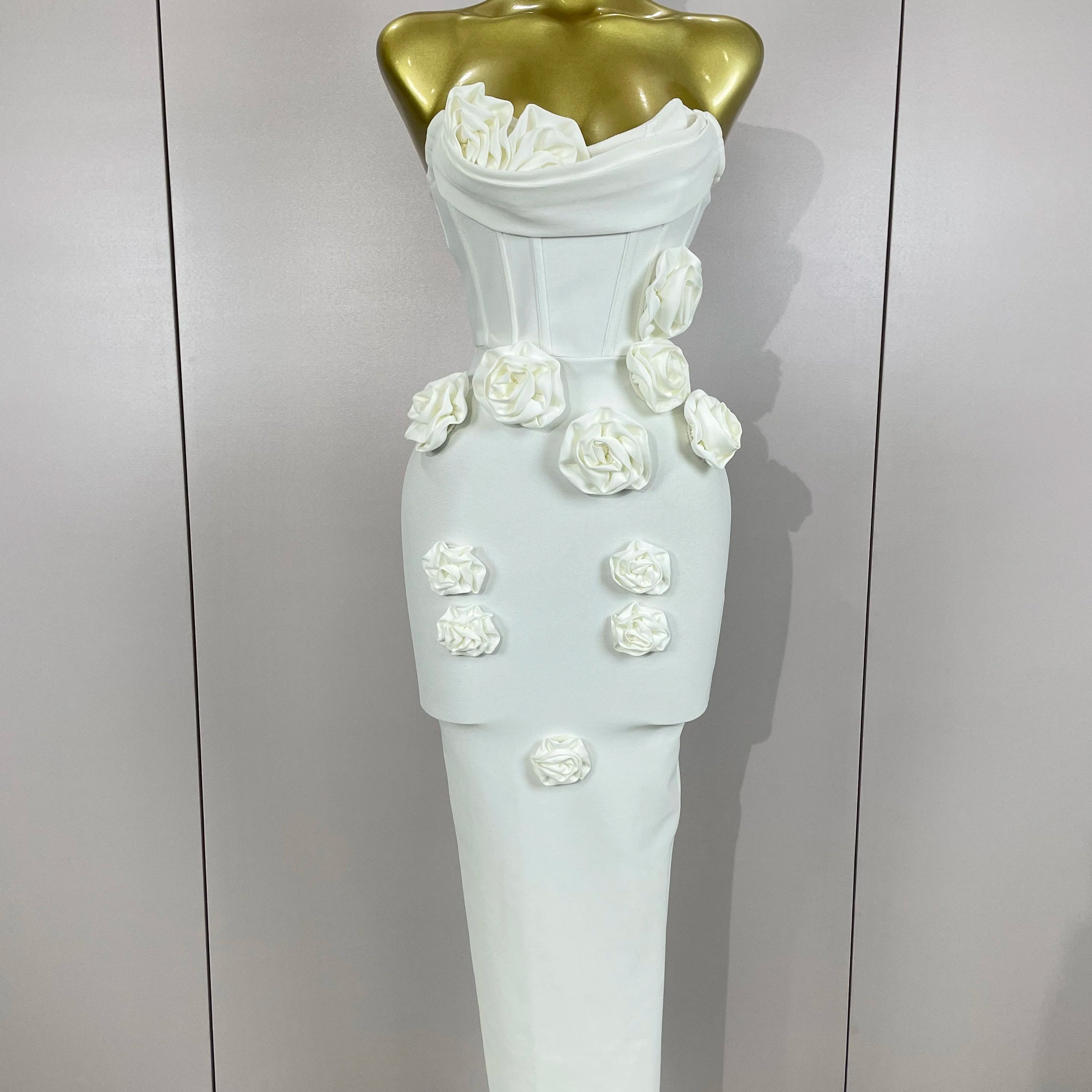 Sexy Fashion White Elegant Strapless Flower Bodycon Long Dress Women Casual Streetwear Club Birthday Party Slim Elegangt Dresses WHITE