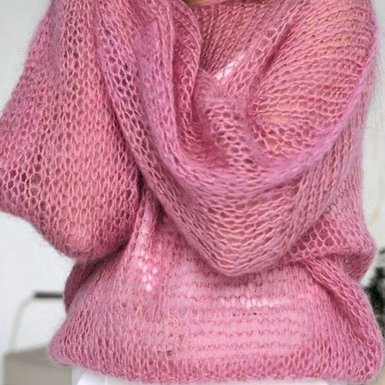 TYHRU Women's Knitted Sweaters Lady Hollow out Mesh Thin Pullover See Through Look Lantern Sleeve Loose Tops Smock