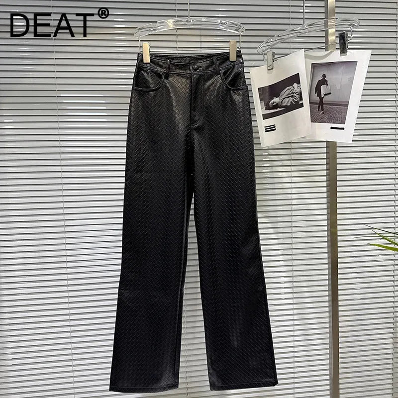 Winter New Fashion Plaid PU Leather Design Straight Pants For Women Black High Waist Streetwear Casual Pant 11A07828