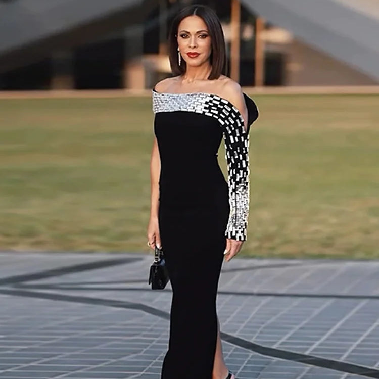 Spacial Design Luxury Diamonds Sexy Off The Shoulder Black Ankle Length Bandage Dress Woman Party Vestido Birthday Party Outfit black