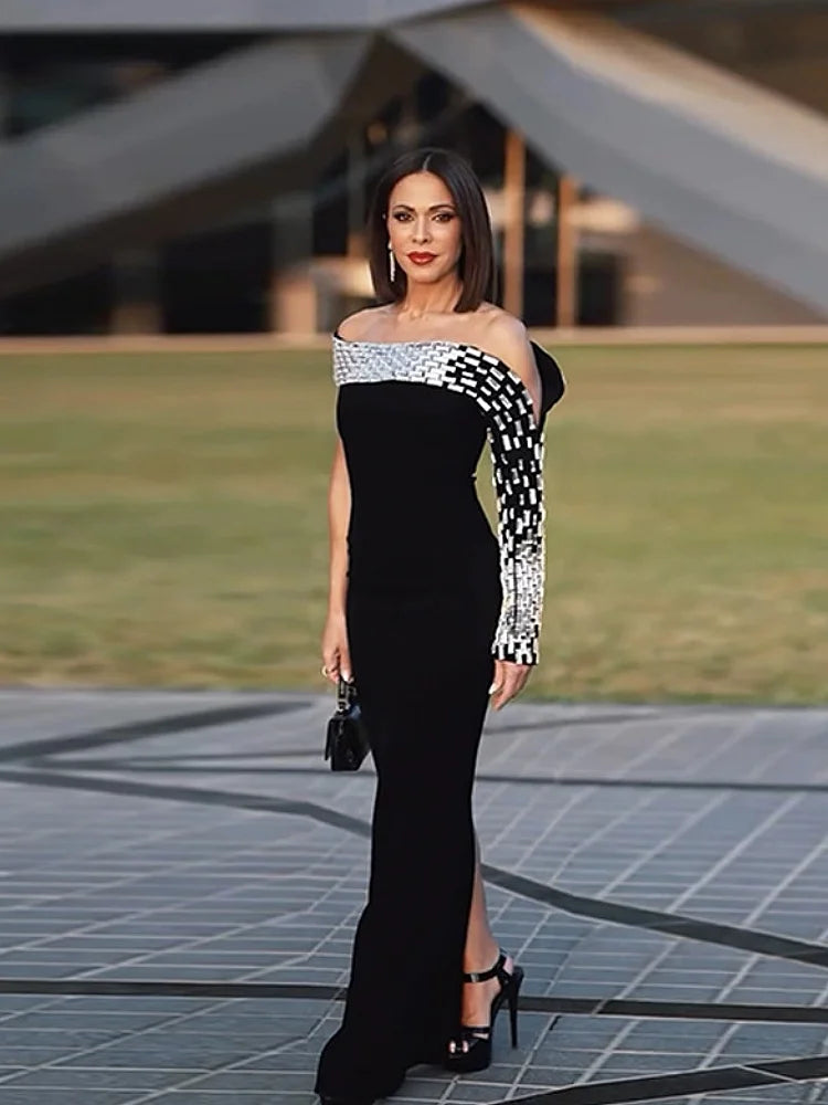 Spacial Design Luxury Diamonds Sexy Off The Shoulder Black Ankle Length Bandage Dress Woman Party Vestido Birthday Party Outfit black