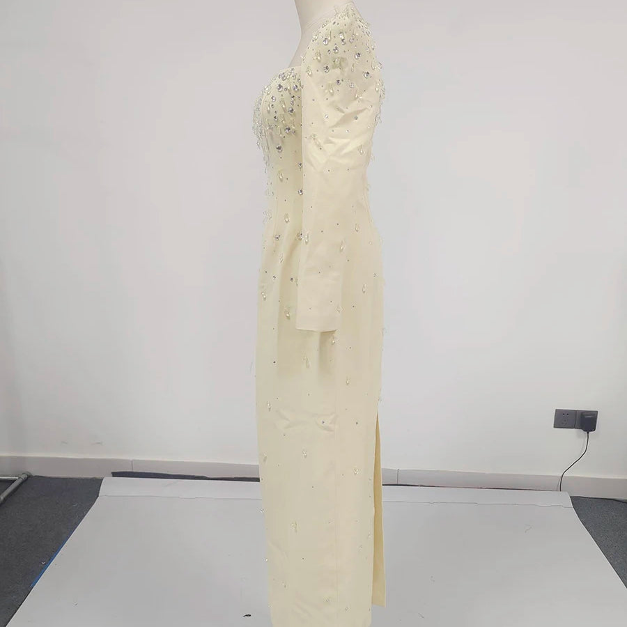 Solid Slimming Spliced Bead Luxurious Midi Dresses for Women Square Neck Long Sleeves Split Elegant Dress Female