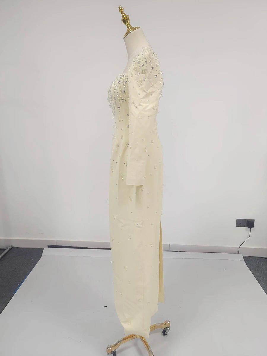 Solid Slimming Spliced Bead Luxurious Midi Dresses for Women Square Neck Long Sleeves Split Elegant Dress Female