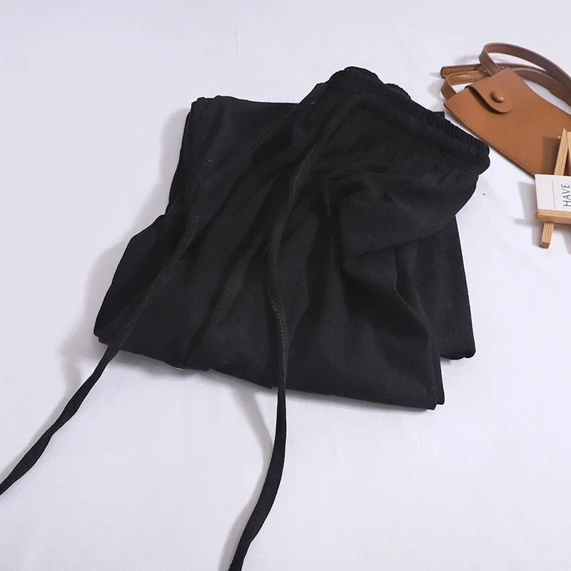 ABRINI Women Drawstring Elastic Waist Thin Solid Pants Casual Straight Pants Sports Wide Leg Trousers For Women Spring BLACK One Size