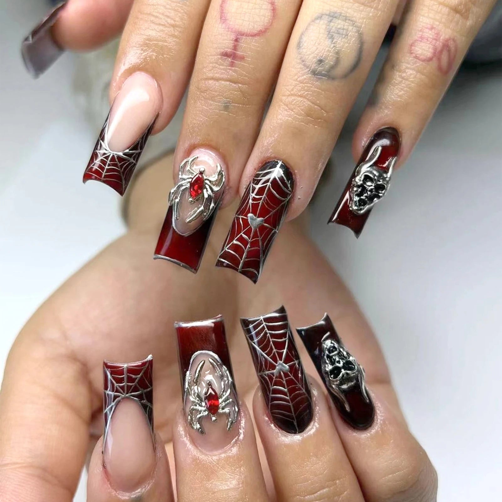 24pcs Halloween Gothic Fake Nail with Black Spider Bow Design False Nails European Long Coffin French Press on Nails Wearable 1