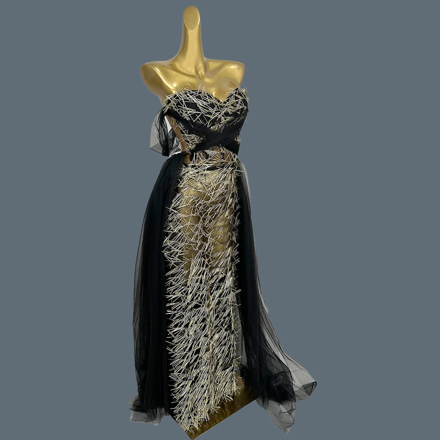 Sexy High-end See Through Mesh Evening Dress Suit Gold Sequins Black Dress Chiffon Long Dress Bar Special Design Outfit Ciwei