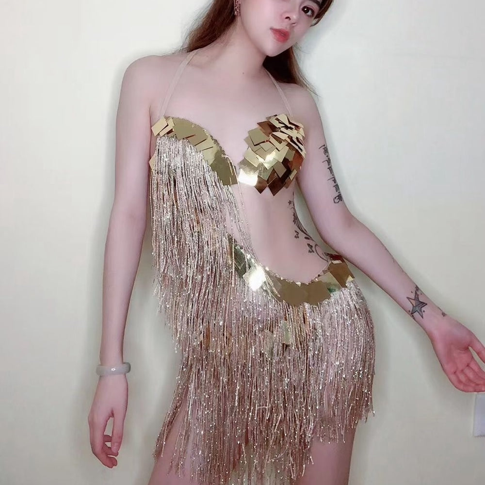 Sparkly Gold Sequins Fringes Dress Women Nightclub Tassel Dance Costume Stage Wear Birthday Outfits Sexy Pole Dance Clothing Gold