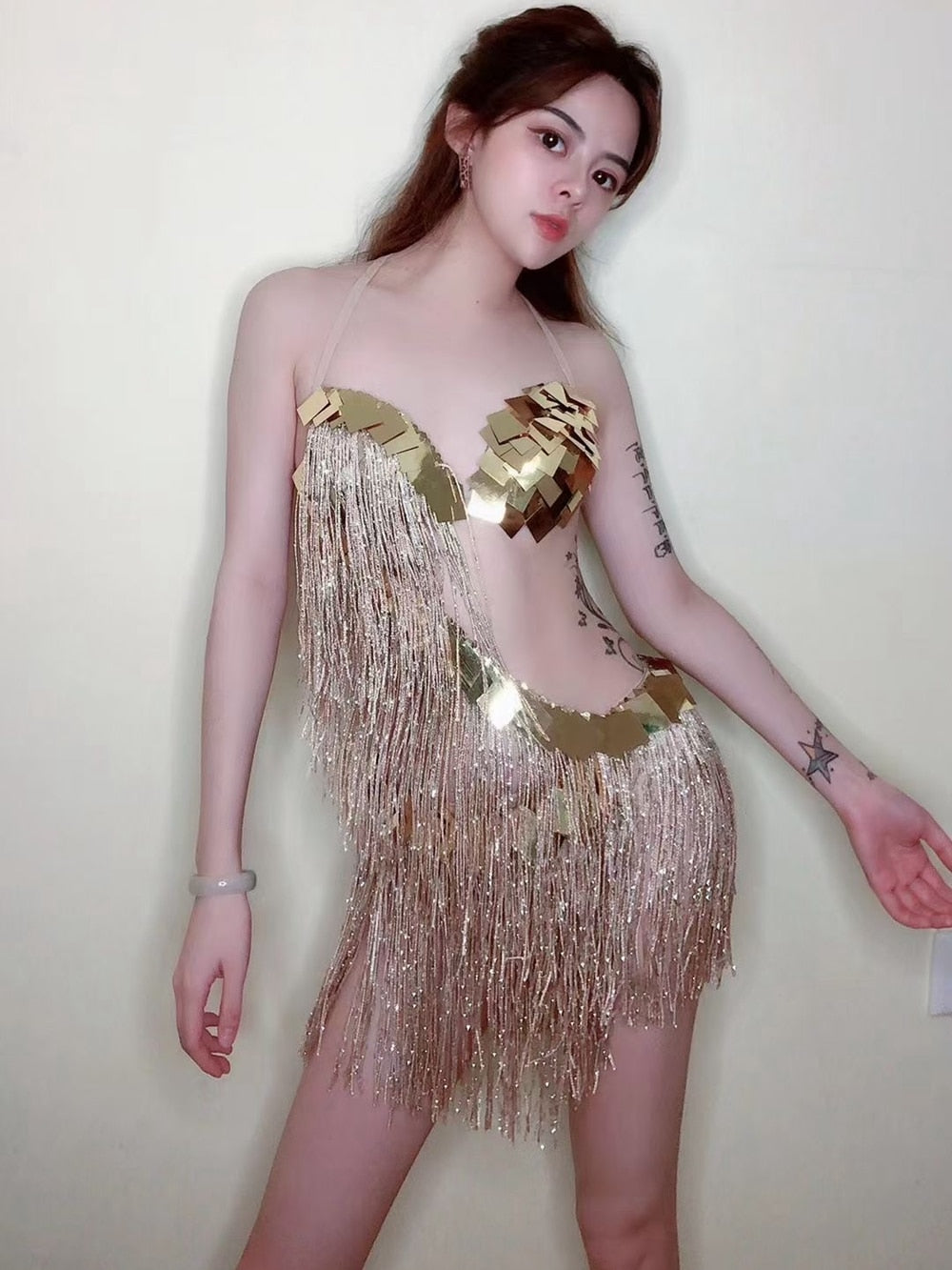 Sparkly Gold Sequins Fringes Dress Women Nightclub Tassel Dance Costume Stage Wear Birthday Outfits Sexy Pole Dance Clothing Gold