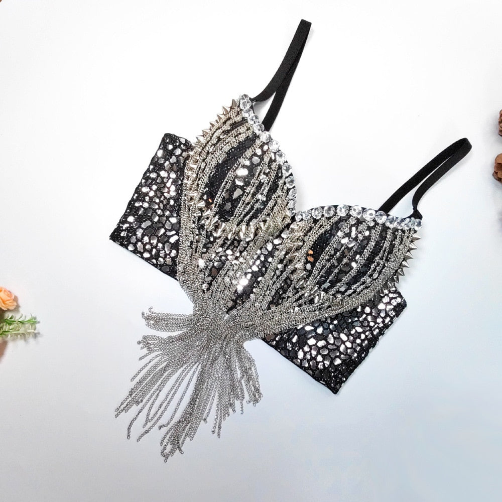 Sexy Trend Sequin Metal Chain Tassel Sling Women&#39;s Shiny Personality Rivet Design Slim Camisole Female 2024 Summer