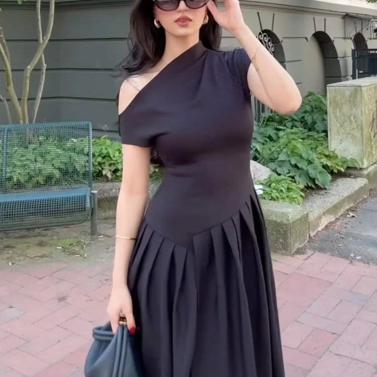Chic Off Shoulder Irregular Neck Women's Dress Elegant High Waist A-line Hem Pleated Midi Dresses New Summer Lady Commuting Robe black