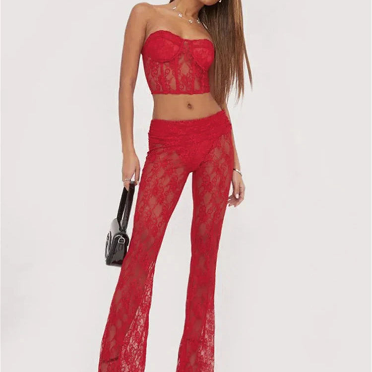 Habbris Spring Strapless Bodycon Crop Top Pants Sets Party Club Outfit For Women 2023 Sexy Red Lace Sheer 2 Two Piece Pants Sets Red