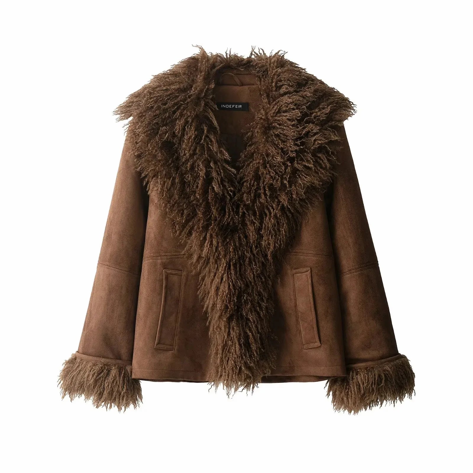 Women 2025 Autumn Winter New Solid Faux Fur Jackets Women Fashion Lapel Plush Coat Slim Elegant Patchwork Brown Short Coats A