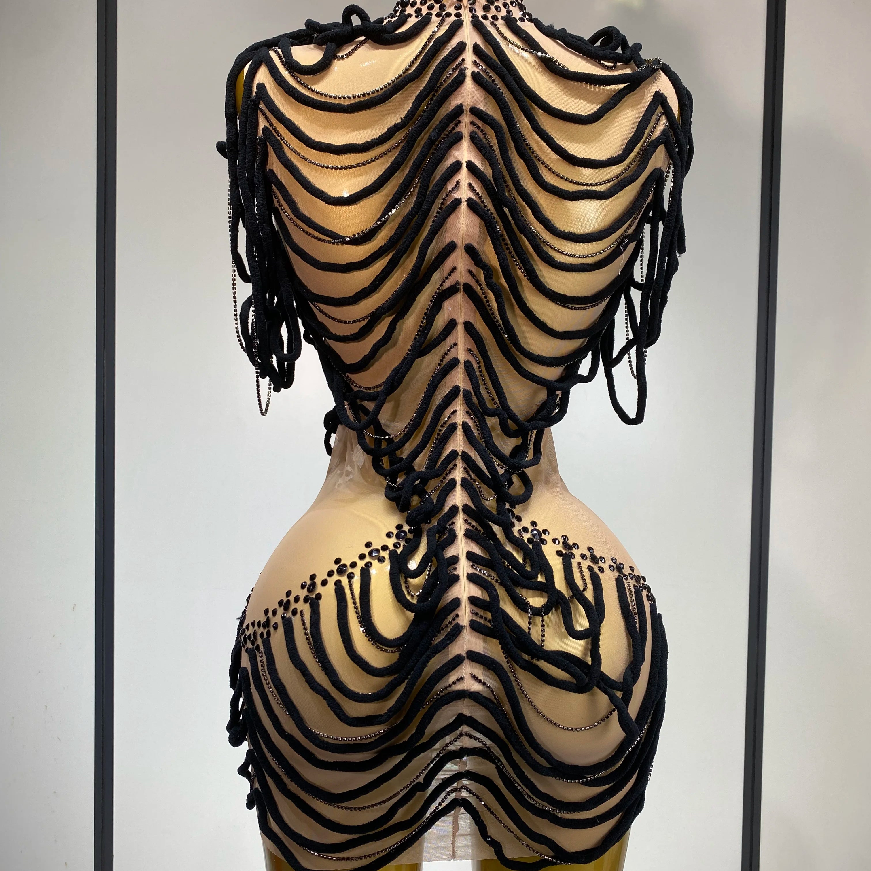 Women Sexy Fashion Short Dress Mesh Designer Rhinestones Chain Stage Costume Nightclub Celebrate Party Performance Outfit