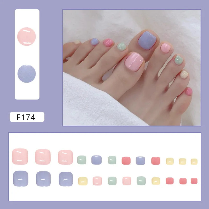 24pcs Summer Color False Toenails Purple Pink Sweet Korean Fake Toe Nails Wearable Detachable Square Head Press on Toenails 1