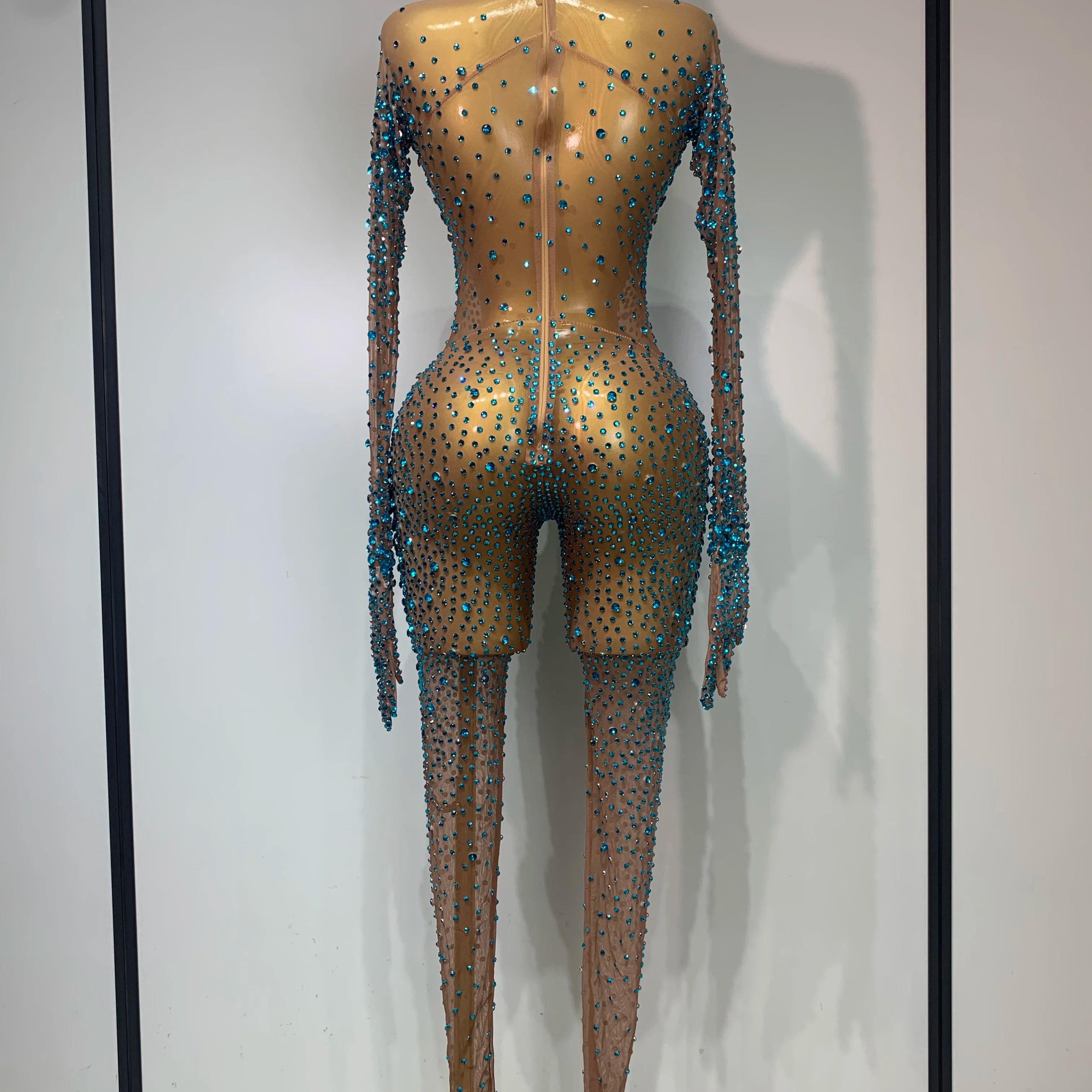 Luxury Rhinestones Bodycon Jumpsuit Sexy Women Mesh See Through Birthday Gown Women Bar Nightclub Dancer Stage Outfit