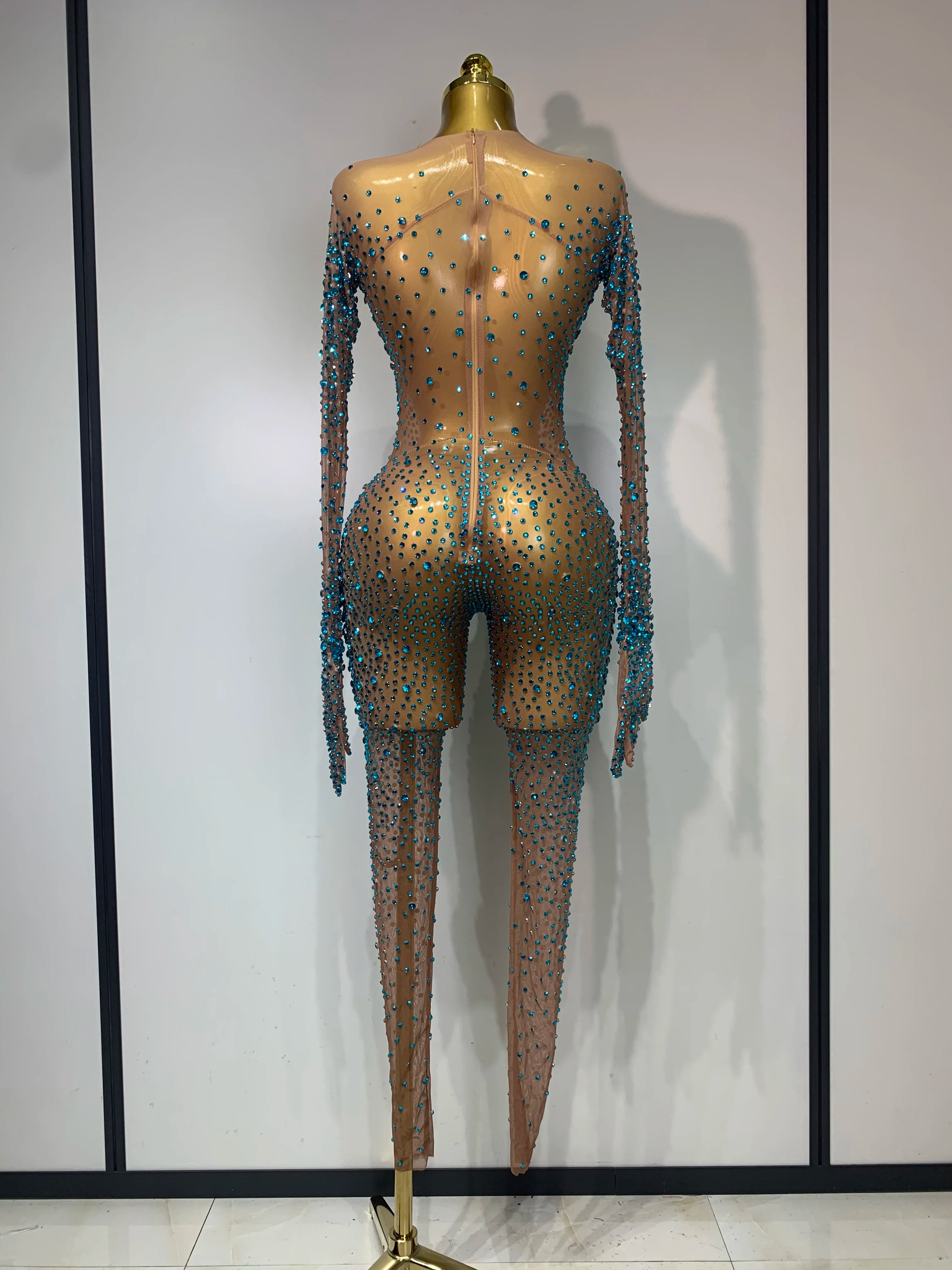 Luxury Rhinestones Bodycon Jumpsuit Sexy Women Mesh See Through Birthday Gown Women Bar Nightclub Dancer Stage Outfit