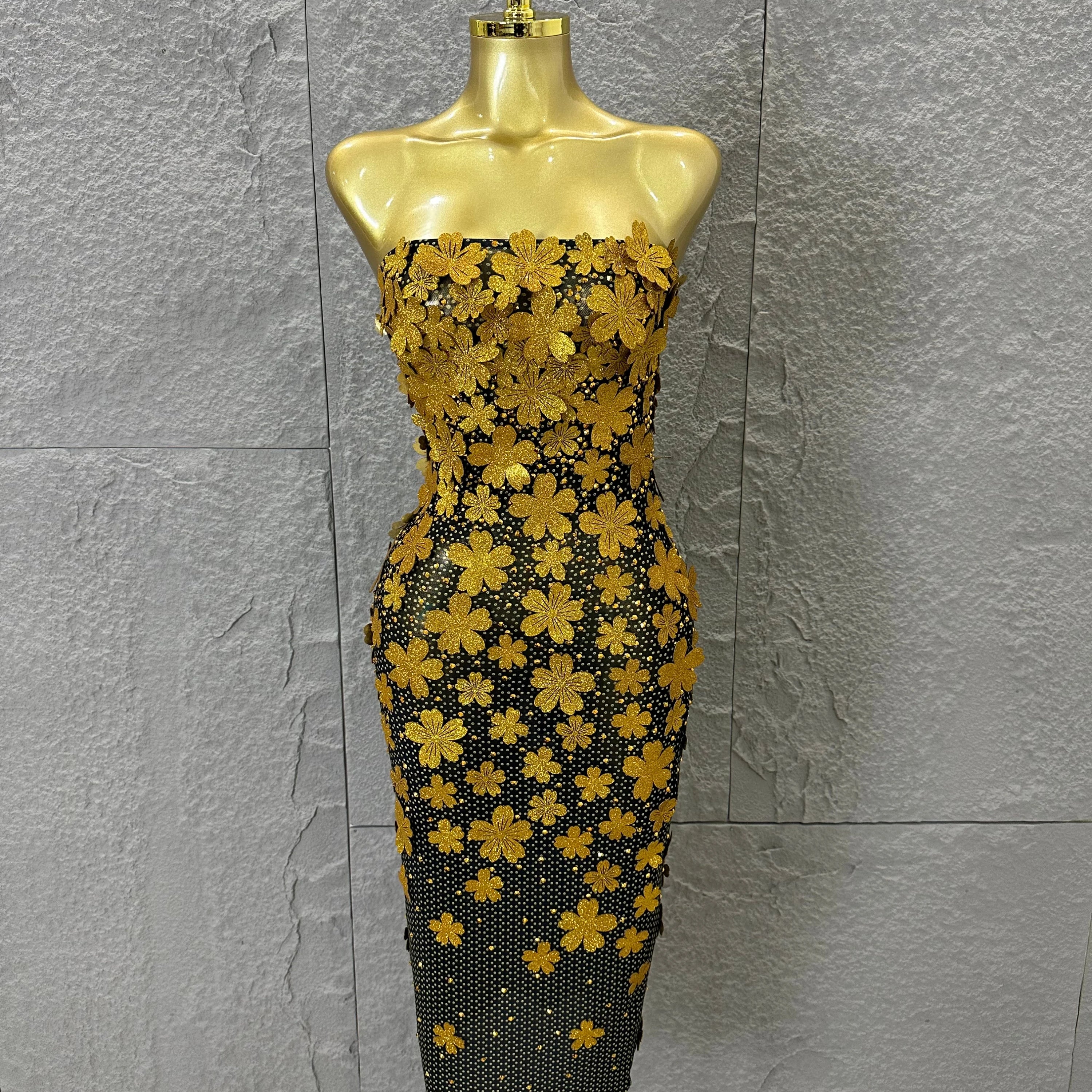 Sparkly Women Sexy Strapless Slim-fit 3D Flower Evening Gala Party Nightclub Cocktail Party Stage Performance Costume Gold