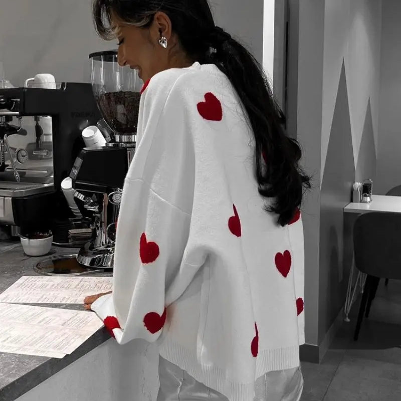 Women Embroidery Love Heart Knitted Sweaters Long Sleeve Vintage Y2K Casual Sweet O Neck Pullovers Winter Warm Sweater Tops