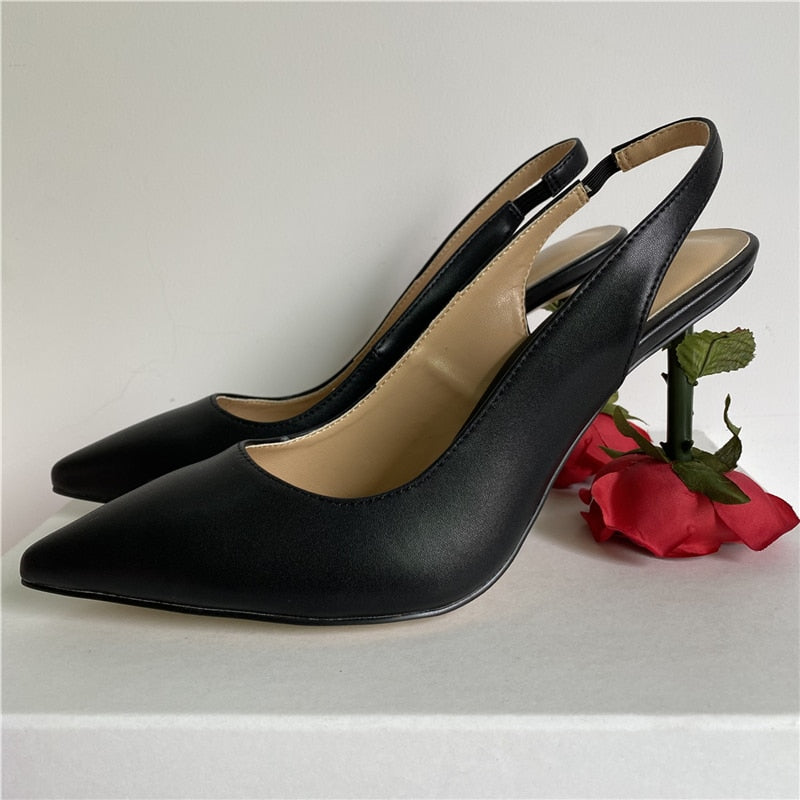 Rose Flower Strange Heel Women Pumps Sexy Pointed Toe Slingbacks Luxury Genuine Leather Slim Dress Shoes For Girls Black