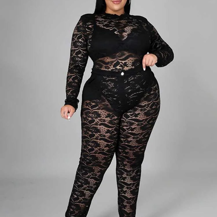 Chic and Elegant Woman Set Night Club Wear Plus Size Women Hot Outfit Transparent Lace Bodysuit and Pants Sexy Festival Outfit black