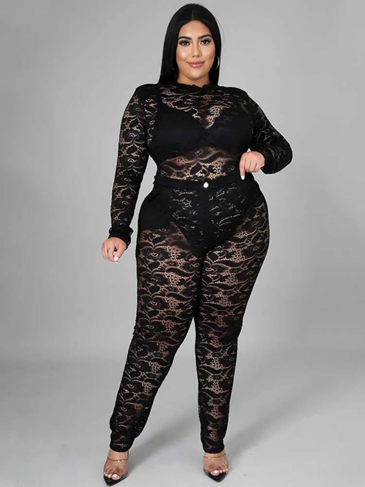 Chic and Elegant Woman Set Night Club Wear Plus Size Women Hot Outfit Transparent Lace Bodysuit and Pants Sexy Festival Outfit black