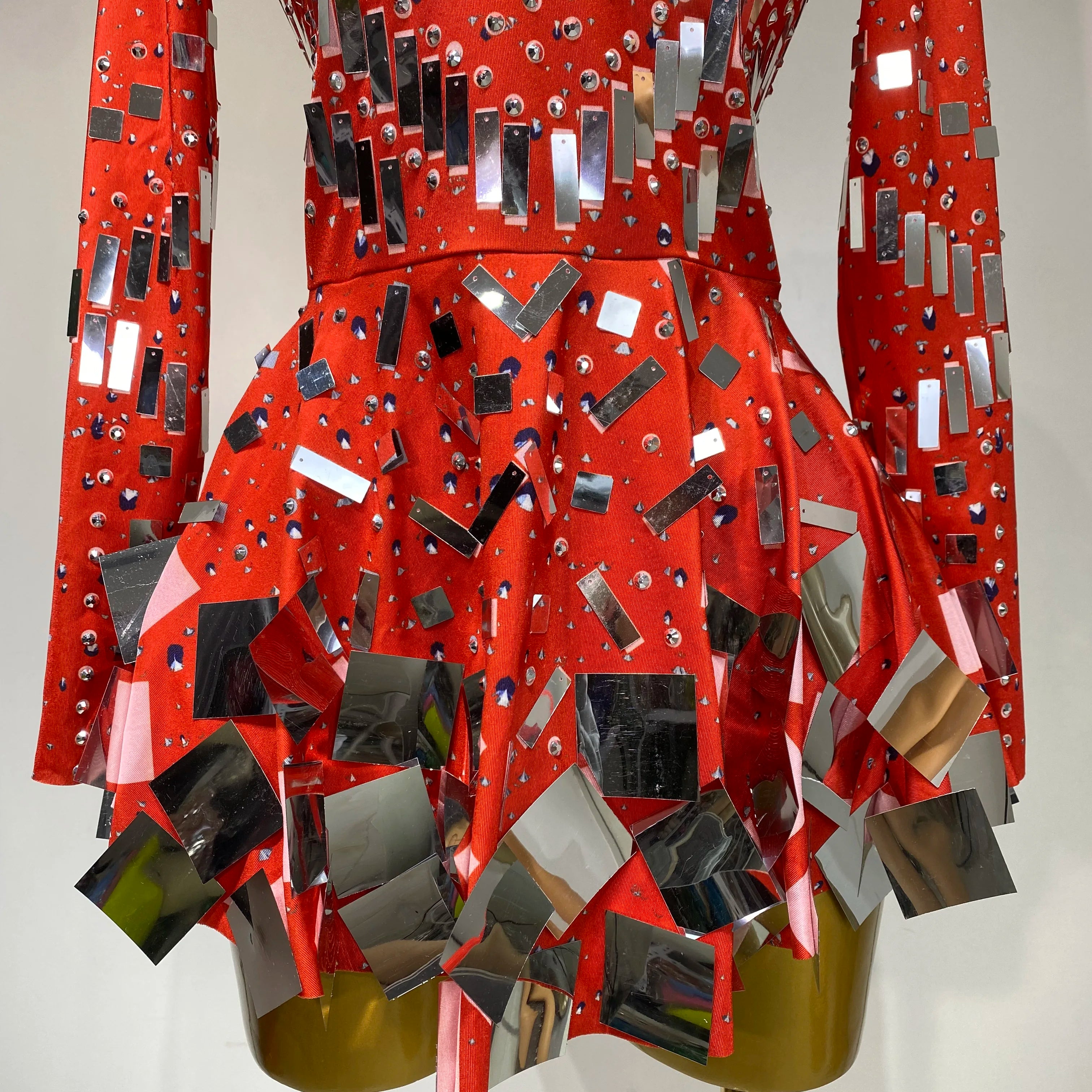 Women Sexy High Elastic A-Line Long Sleeve Dress Performance Costume Sparkly Nightclub Evening Party Hotwife Stage Outfit