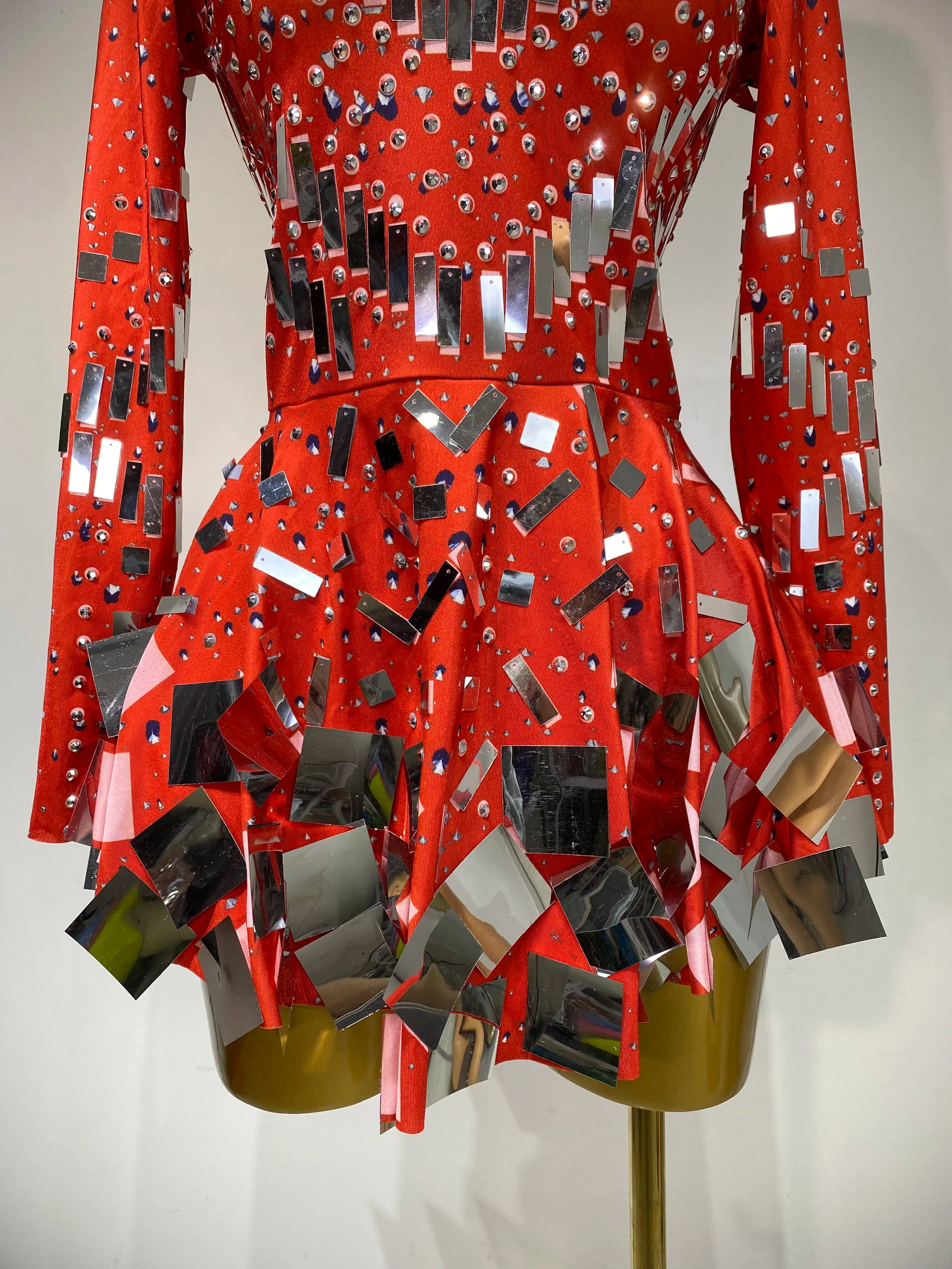 Women Sexy High Elastic A-Line Long Sleeve Dress Performance Costume Sparkly Nightclub Evening Party Hotwife Stage Outfit