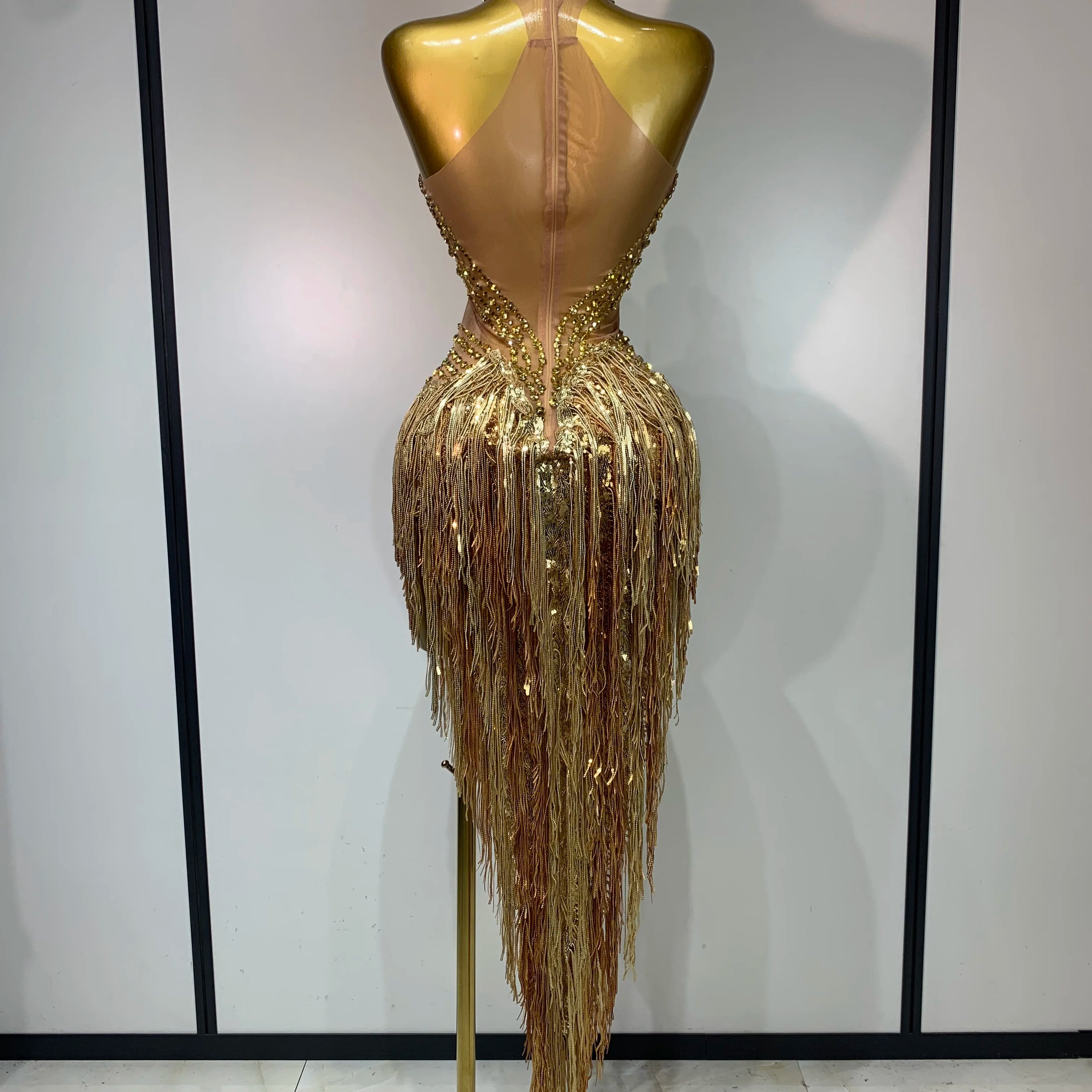 Women Sparkly Rhinestones Pearls Tassel Sexy Mesh See Through Dress Latin Dance Outfits Bar Nightclub Party Stage Costume